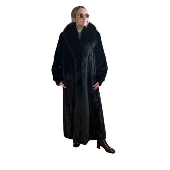 NWT The Caitlin Black Mink Maxi Coat with Fox Tuxedo Collar 52” - Picture 1 of 16